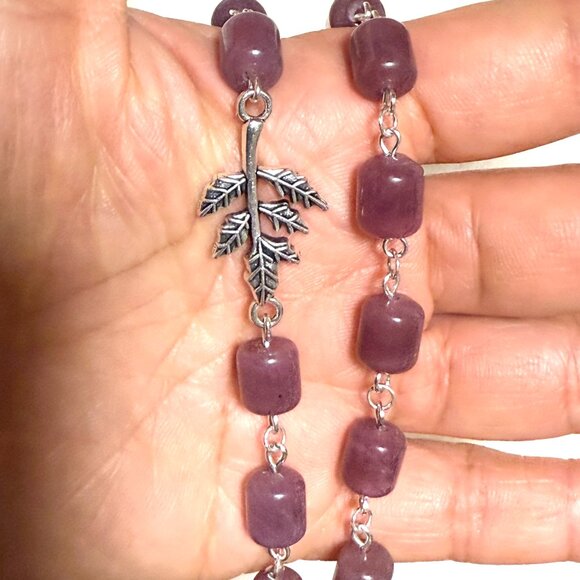 Genuine Magenta Chalcedony Short Necklace, Gemstone & Leaf Branch Pendant - Picture 13 of 13